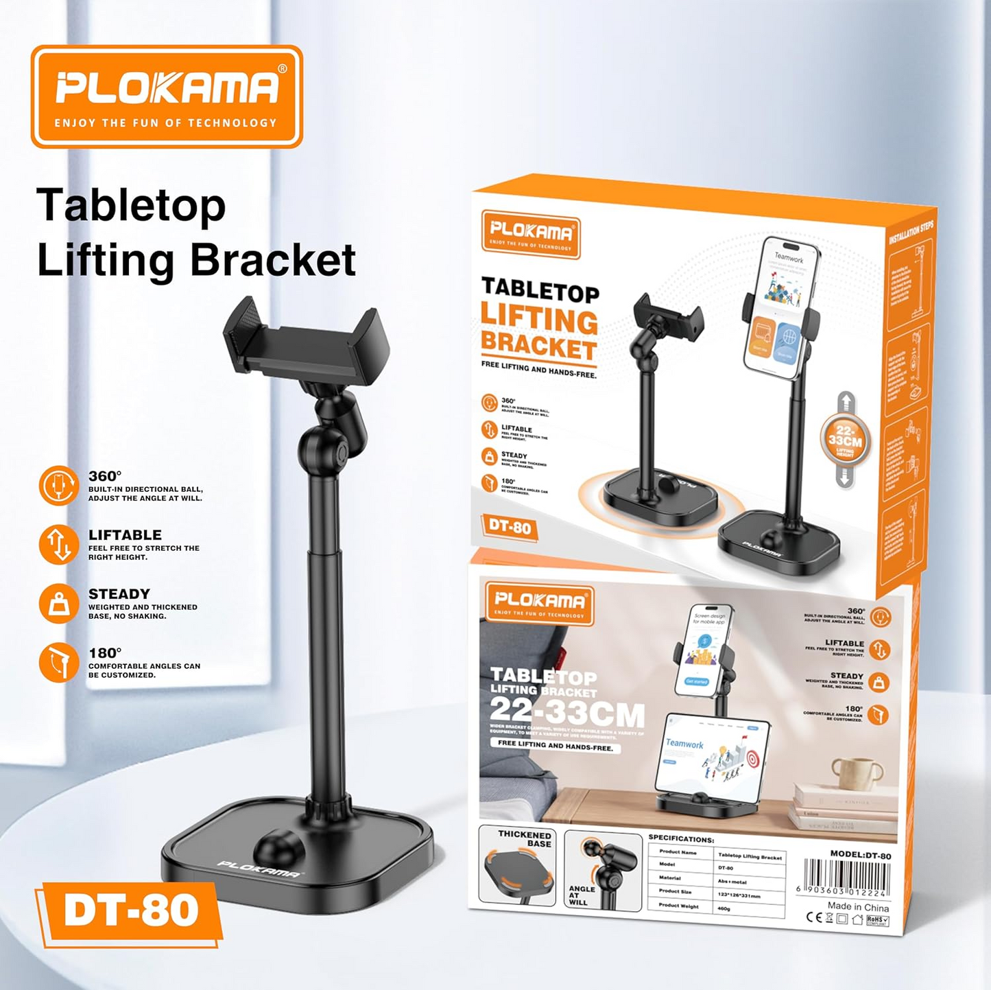 Plokama DT-80 Tabletop Phone & Tablet Holder – 360° Adjustable Stand
