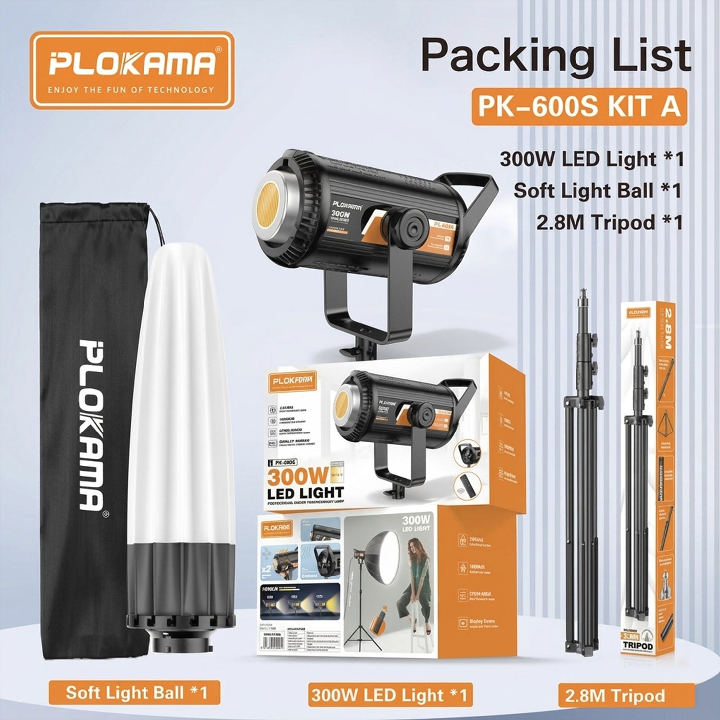 Plokama PK-600S Professional Studio LED Light Kit – 300W High-Power Photography Lighting with Soft Light Ball & 2.8M Tripod