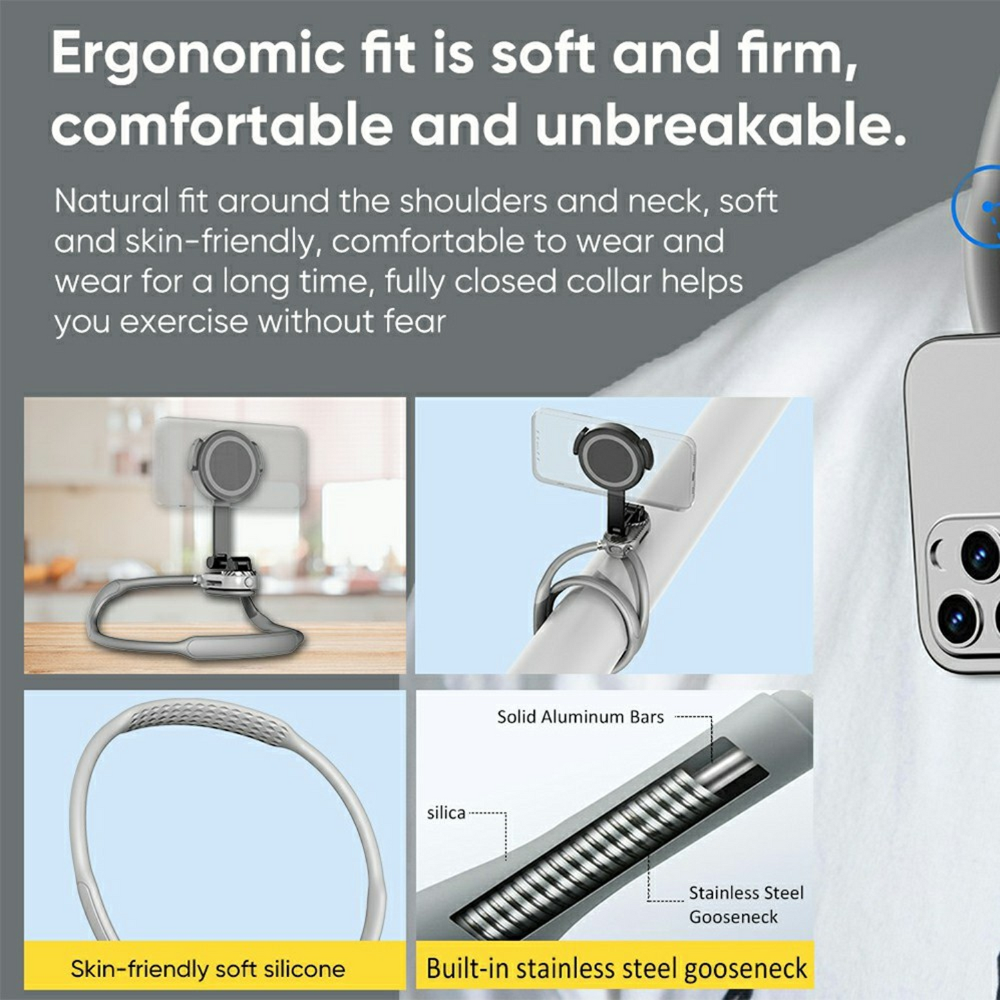 SCS-NH001 Magnetic Neck Phone Holder 360-Degree Rotation Hand Free POV Flexible Phone Neck Mount